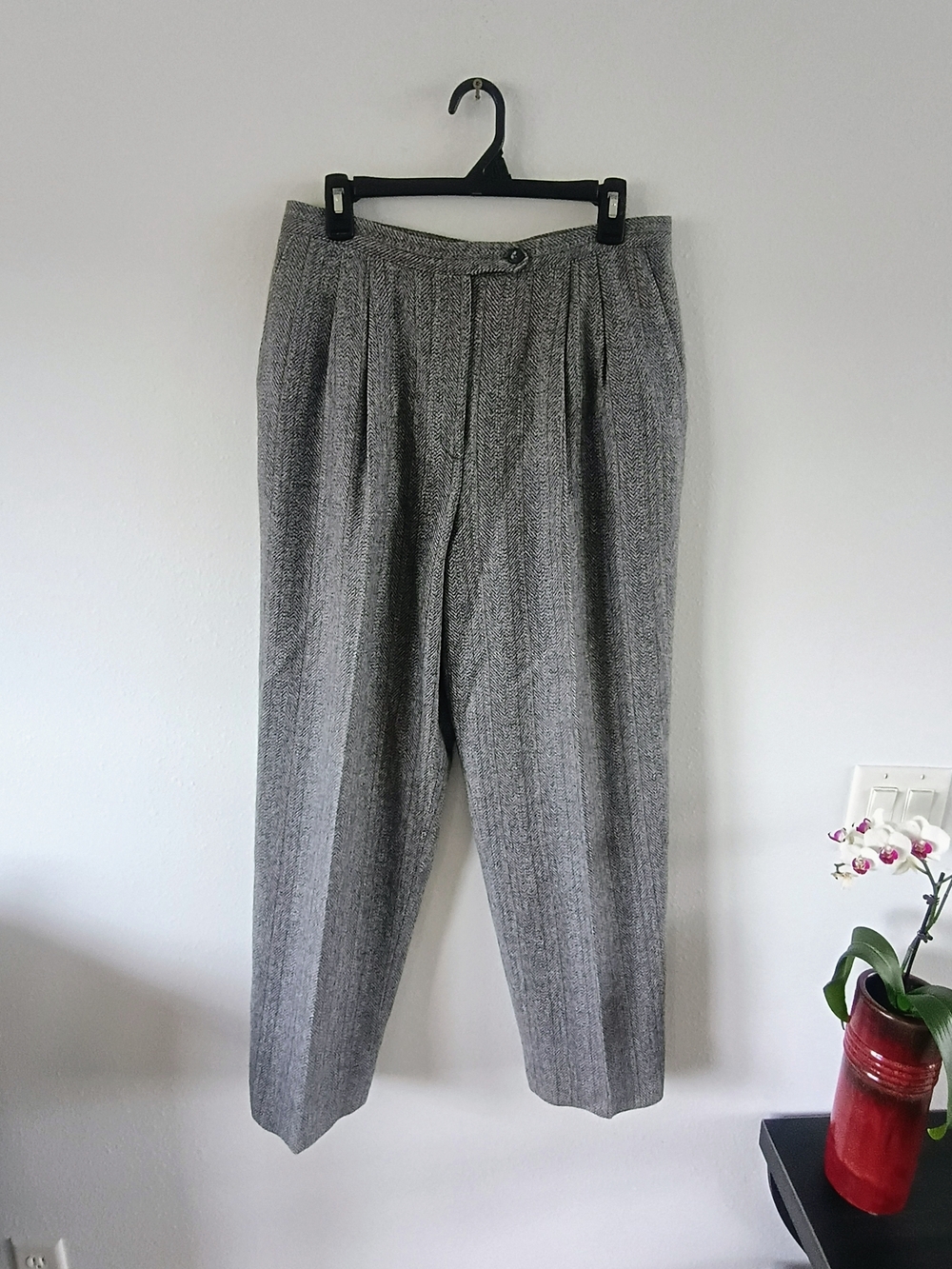 Vintage Barclay Square Wool Pleated Trousers Gray High Rise Herringbone